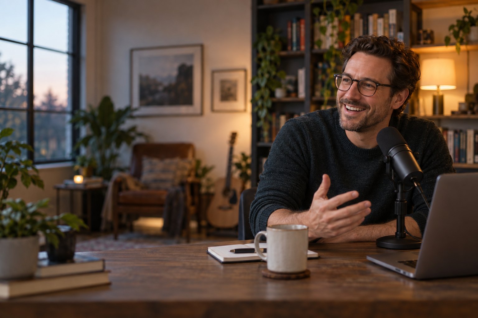 A creator recording an episode for his members at his desk